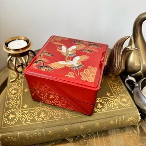 Vintage burnt orange and gold nesting stackable Japanese crane lacquer box